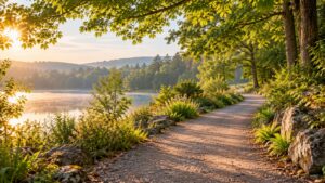 A winding lakeside path surrounded by lush green trees in warm morning sunlight.